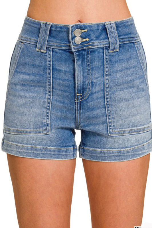 Friendly Lunch Utility Pocket Denim Shorts-Medium Denim-SMALL-Cute-Trendy-Shop-Womens-Boutique-Clothing-Store