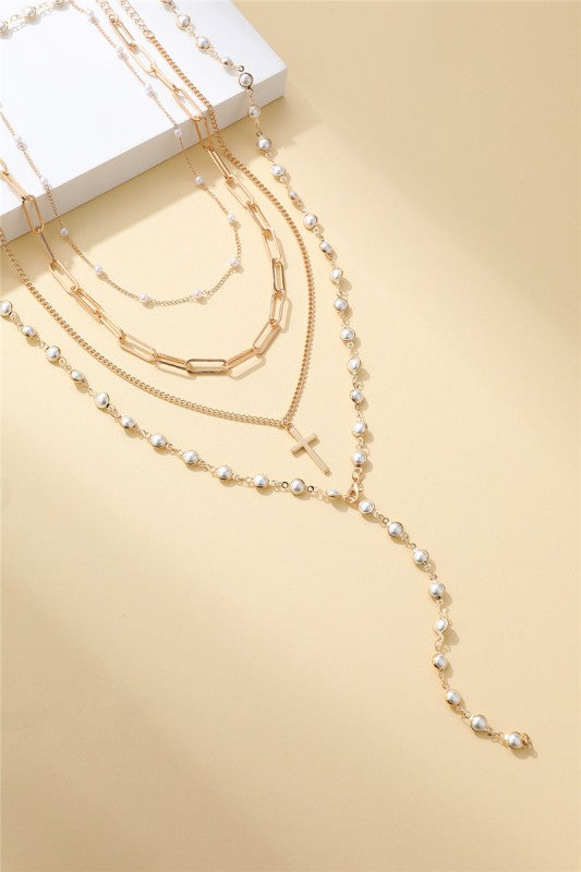 Layered Glam Multi-Strand Gold & Pearl Cross Necklace-Cute-Trendy-Shop-Womens-Boutique-Clothing-Store