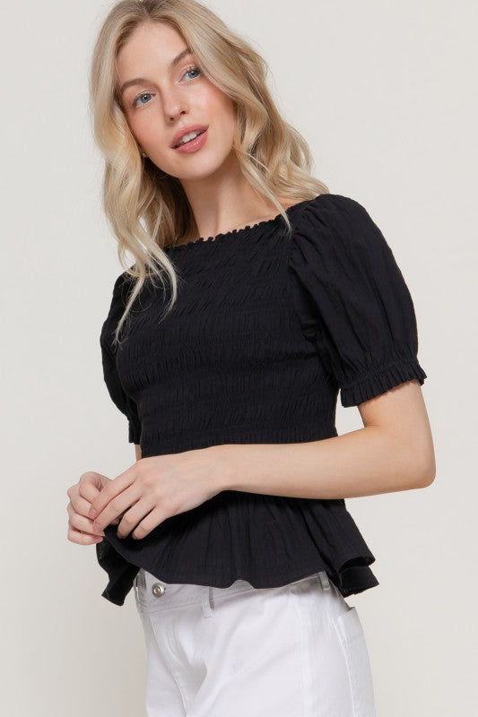Feminine Style Puff Sleeve Smocked Top-Black-SMALL-[option4]-[option5]-Cute-Trendy-Shop-Womens-Boutique-Clothing-Store