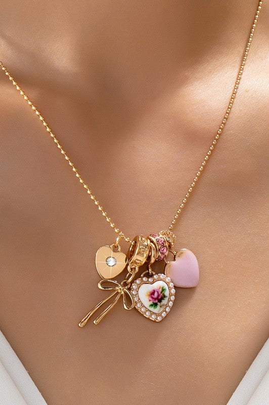 Romantic Coquette Heart & Floral Porcelain Charm Necklace