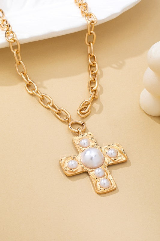 Pearl Hammered Cross Necklace with