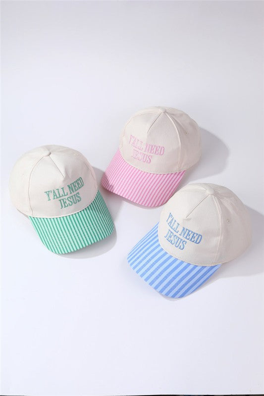 "Y'all Need Jesus" Stripe Baseball Cap-Cute-Trendy-Shop-Womens-Boutique-Clothing-Store