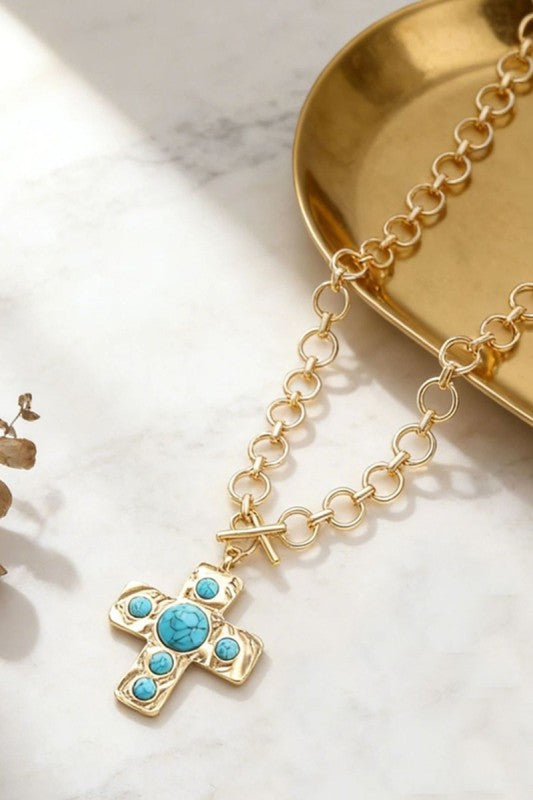 Hammered Cross Necklace with Turquoise Accents-Cute-Trendy-Shop-Womens-Boutique-Clothing-Store