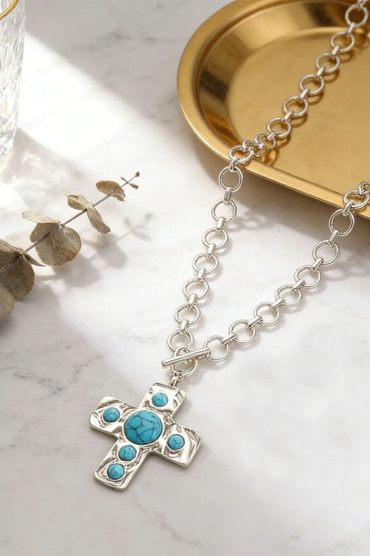 Hammered Cross Necklace with Turquoise Accents-Cute-Trendy-Shop-Womens-Boutique-Clothing-Store