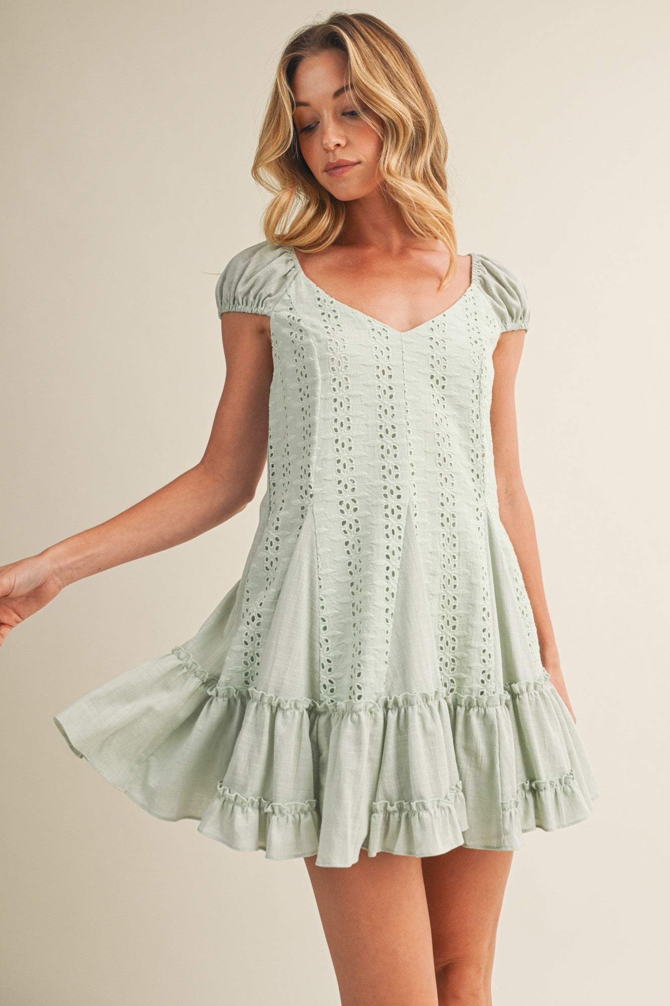 Sweetheart Puff Sleeve Eyelet Mini Dress-Cute-Trendy-Shop-Womens-Boutique-Clothing-Store