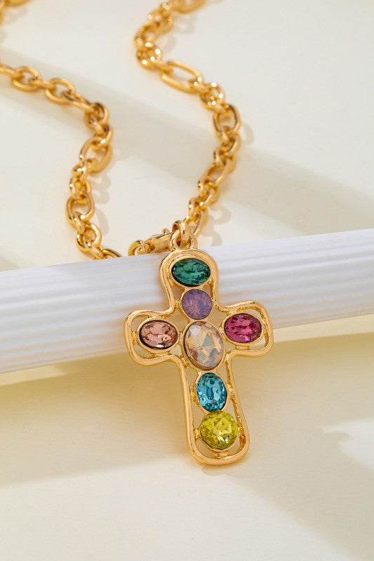 Divine Spectrum Multi-Gemstone Cross Necklace-Cute-Trendy-Shop-Womens-Boutique-Clothing-Store