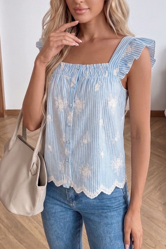 All About Love Blue Striped Embroidered Top-Cute-Trendy-Shop-Womens-Boutique-Clothing-Store