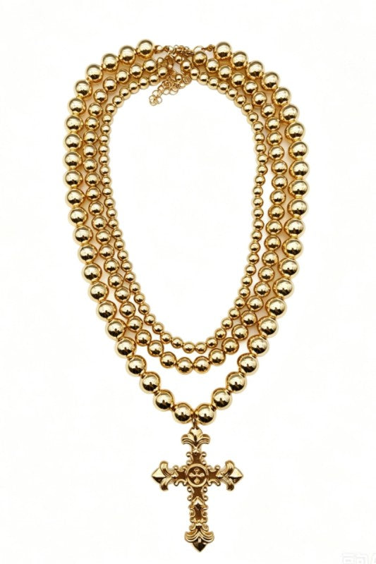 Gilded Devotion Gold Bead Cross Multi-Layer Necklace-Cute-Trendy-Shop-Womens-Boutique-Clothing-Store