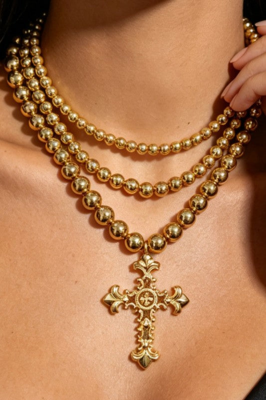 Gilded Devotion Gold Bead Cross Multi-Layer Necklace-Cute-Trendy-Shop-Womens-Boutique-Clothing-Store