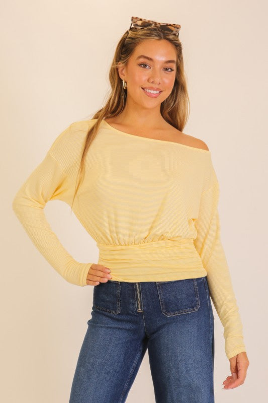 Step it Up Stripe Ruched Top-Yellow-SMALL-Cute-Trendy-Shop-Womens-Boutique-Clothing-Store