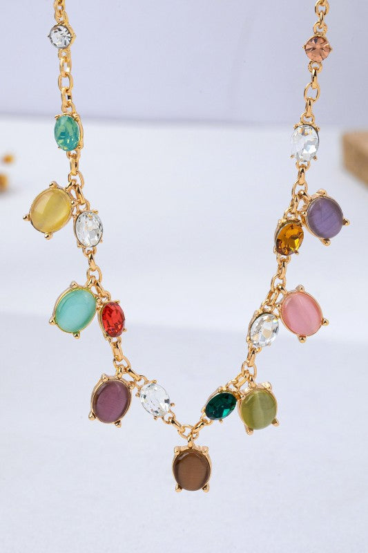 Oval Cat's Eye & Crystal Charm Necklace