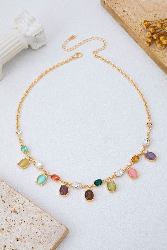 Oval Cat's Eye & Crystal Charm Necklace-Cute-Trendy-Shop-Womens-Boutique-Clothing-Store
