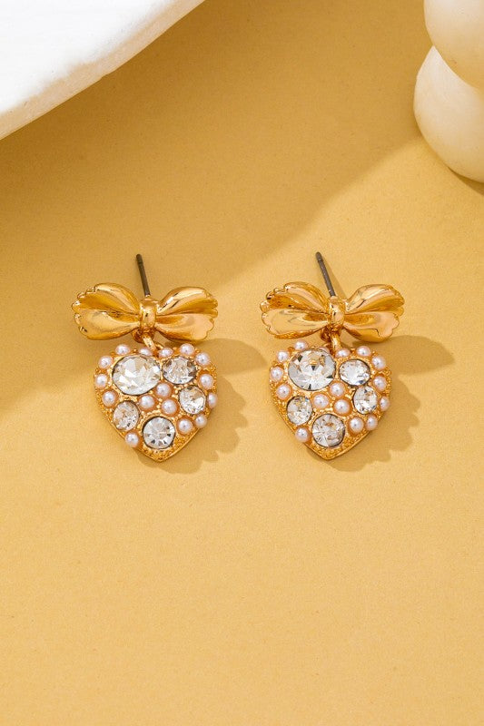 Romantic Crystal Pearl Bow Dangle Earrings