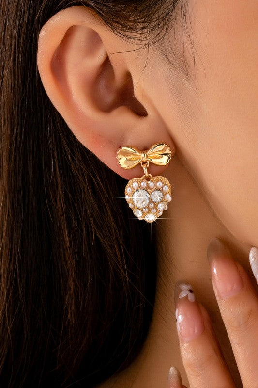 Romantic Crystal Pearl Bow Dangle Earrings-Cute-Trendy-Shop-Womens-Boutique-Clothing-Store