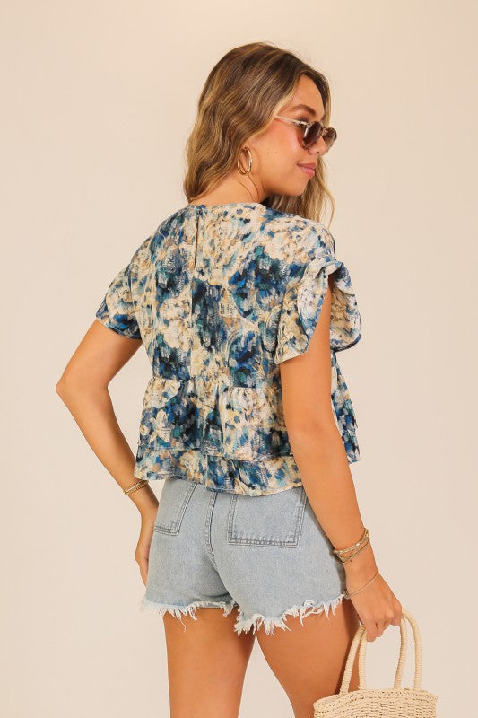 Watercolor Whimsy Tiered Ruffle Blouse-Blue-SMALL-Cute-Trendy-Shop-Womens-Boutique-Clothing-Store