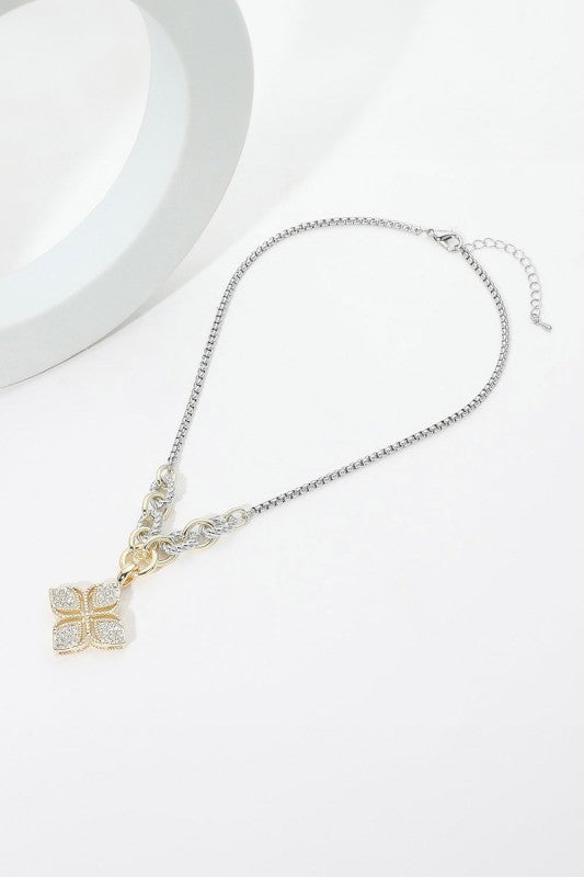 Lucky in Luxe Pavé Clover Two-Tone Necklace-Cute-Trendy-Shop-Womens-Boutique-Clothing-Store