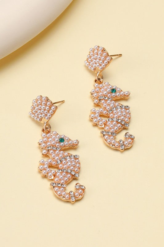 Under the Sea Pearl & Rhinestone Seahorse Earrings