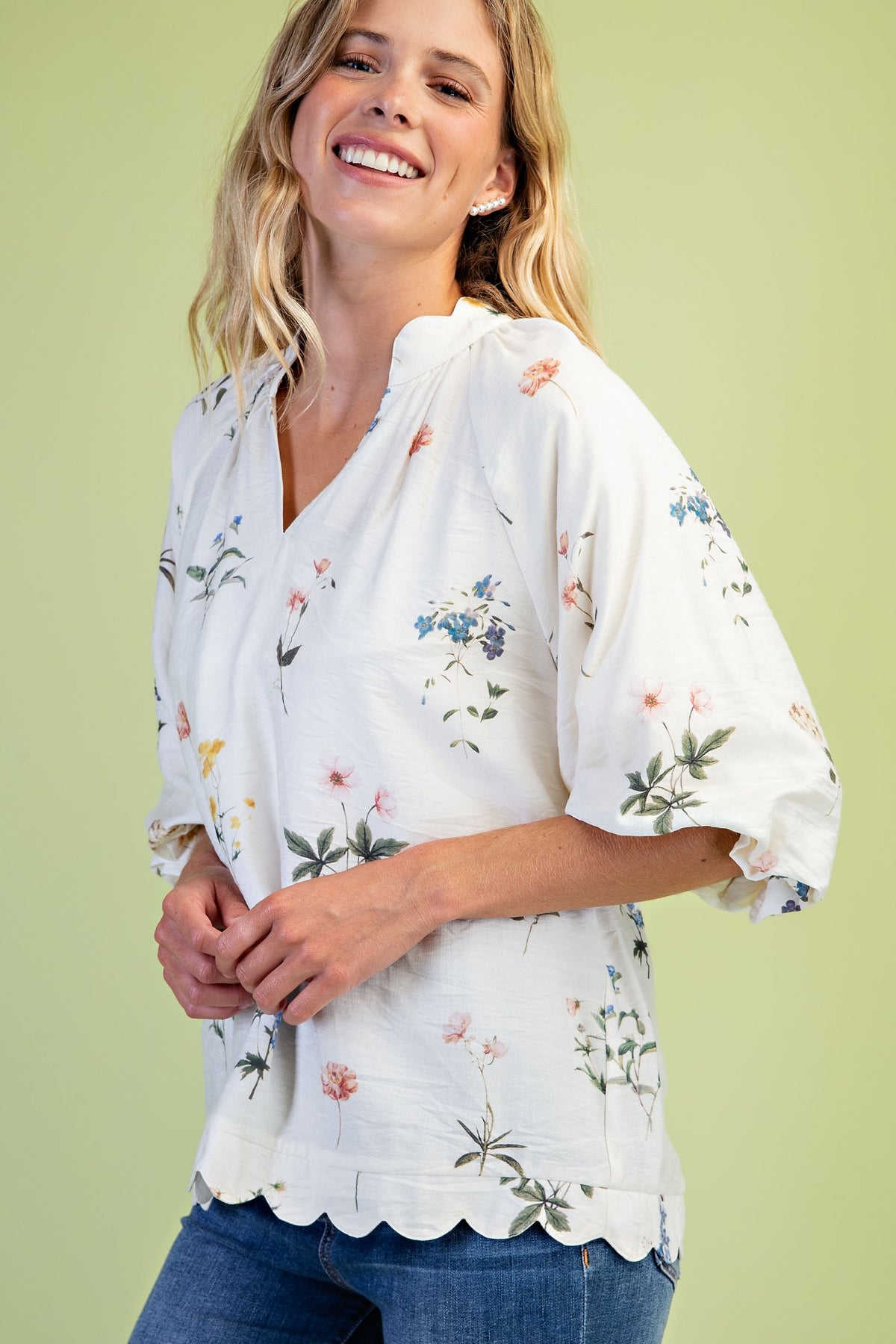 The Meadow Scalloped V-Neck Blouse-Cute-Trendy-Shop-Womens-Boutique-Clothing-Store