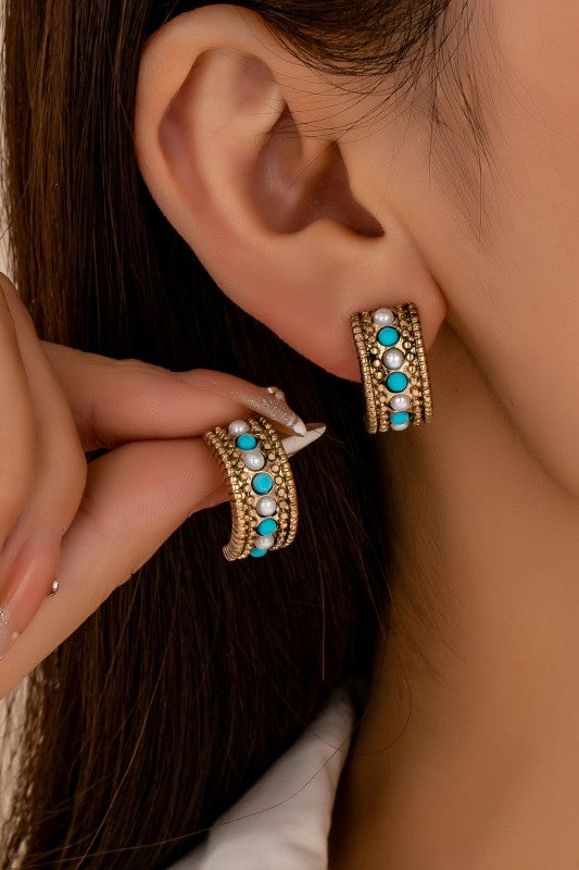 Mesa Ridge Beaded Brass & Turquoise Half-Hoop Studs-Cute-Trendy-Shop-Womens-Boutique-Clothing-Store