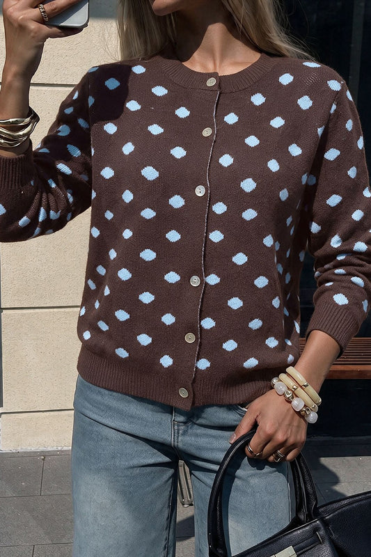 Mocha & Sky Polka Dot Knit Cardigan-Cute-Trendy-Shop-Womens-Boutique-Clothing-Store