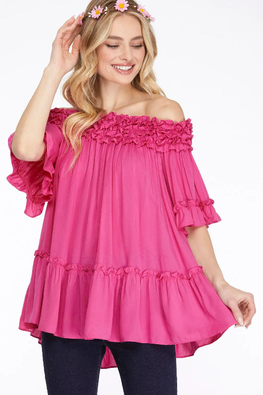 Ladies' Night Fuchsia Off Shoulder Top-Cute-Trendy-Shop-Womens-Boutique-Clothing-Store