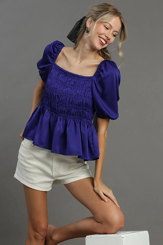 Vibrant & Fun Square Neck Elastic Top-Blue-SMALL-[option4]-[option5]-Cute-Trendy-Shop-Womens-Boutique-Clothing-Store