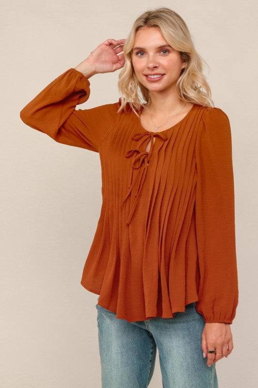 Walk In The Woods Pleated Rust Top-[option4]-[option5]-Cute-Trendy-Shop-Womens-Boutique-Clothing-Store
