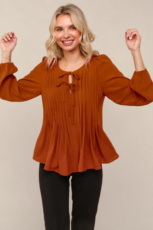 Walk In The Woods Pleated Rust Top-[option4]-[option5]-Cute-Trendy-Shop-Womens-Boutique-Clothing-Store