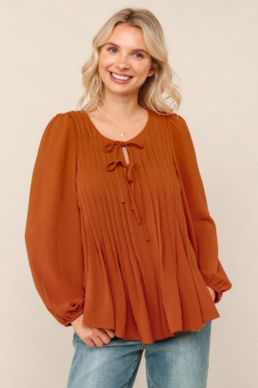 Walk In The Woods Pleated Rust Top-[option4]-[option5]-Cute-Trendy-Shop-Womens-Boutique-Clothing-Store