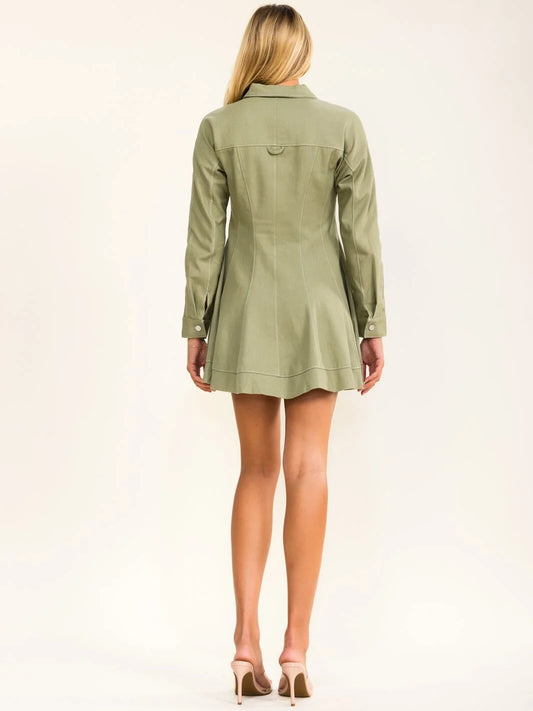 Fit-and-Flare Mini Denim Dress Olive