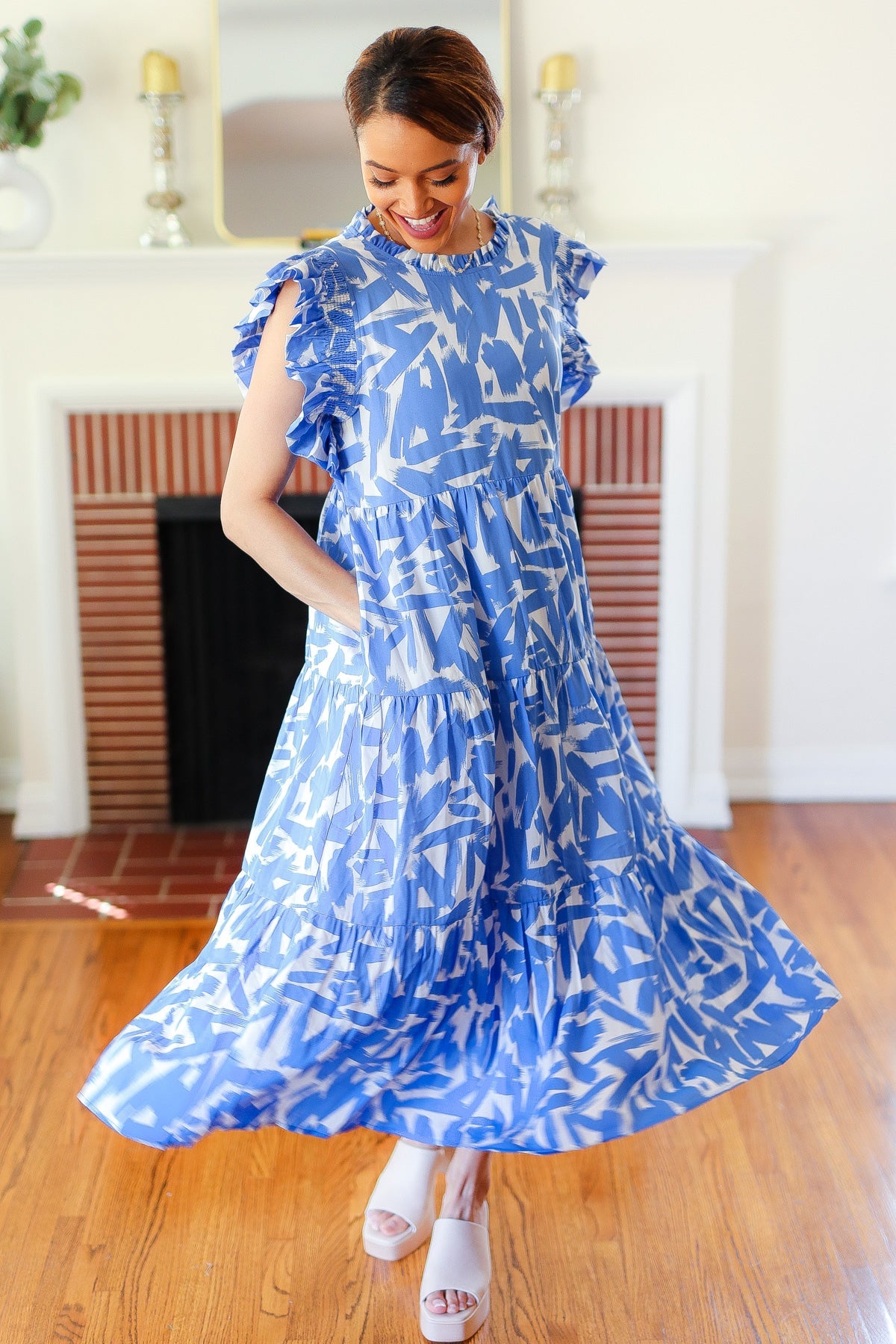Love Found Sky Blue Abstract Print Tiered Smocked Ruffle Sleeve Maxi Dress *online exclusive-[option4]-[option5]-Cute-Trendy-Shop-Womens-Boutique-Clothing-Store
