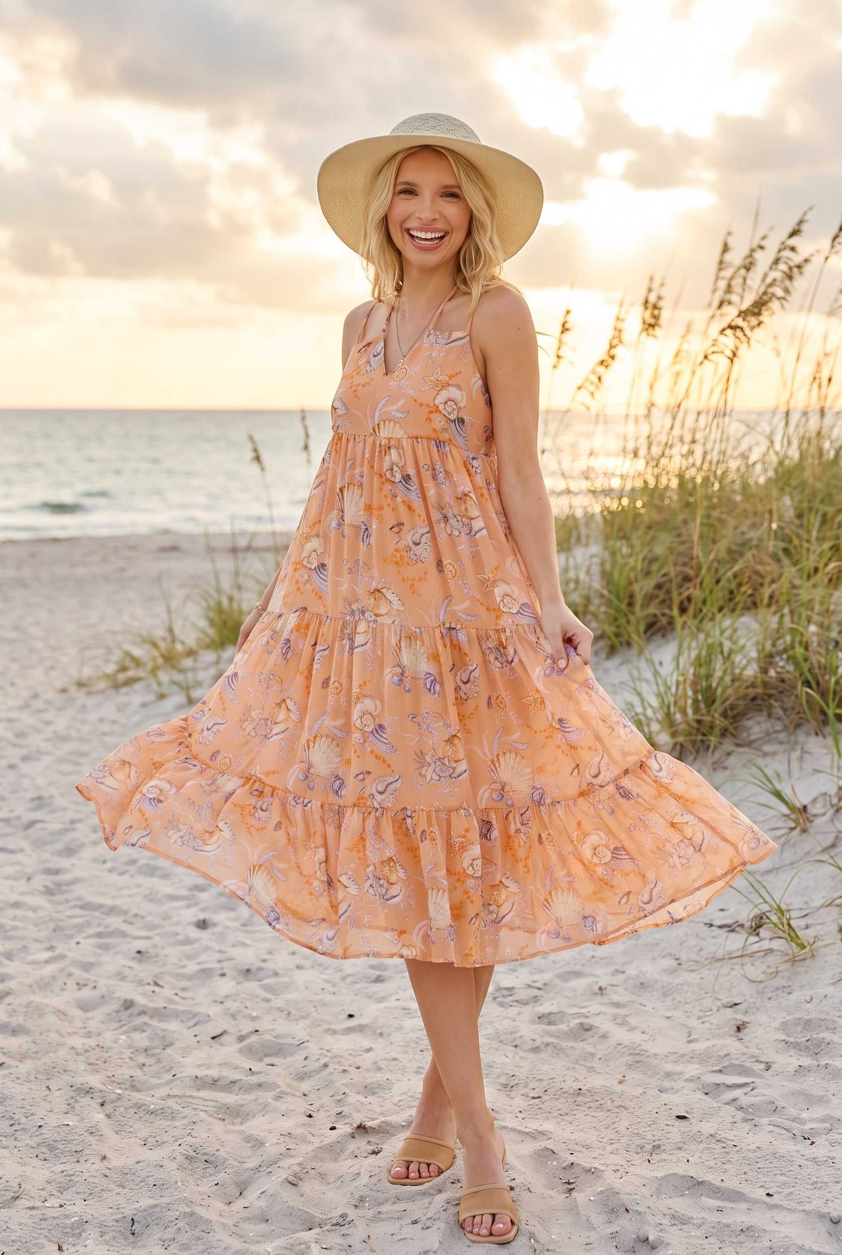 seashell beach dress Beach Seashell-Print Crepe Tie-Back Halter Pocket Maxi Dress