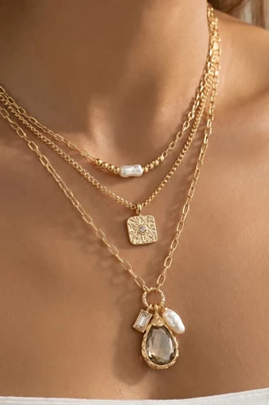 Triple The Fun Layered Pearl & Crystal Pendant Necklace-Cute-Trendy-Shop-Womens-Boutique-Clothing-Store