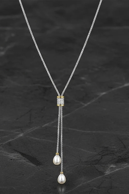 Two-Tone CZ & Pearl Lariat Necklace-Cute-Trendy-Shop-Womens-Boutique-Clothing-Store
