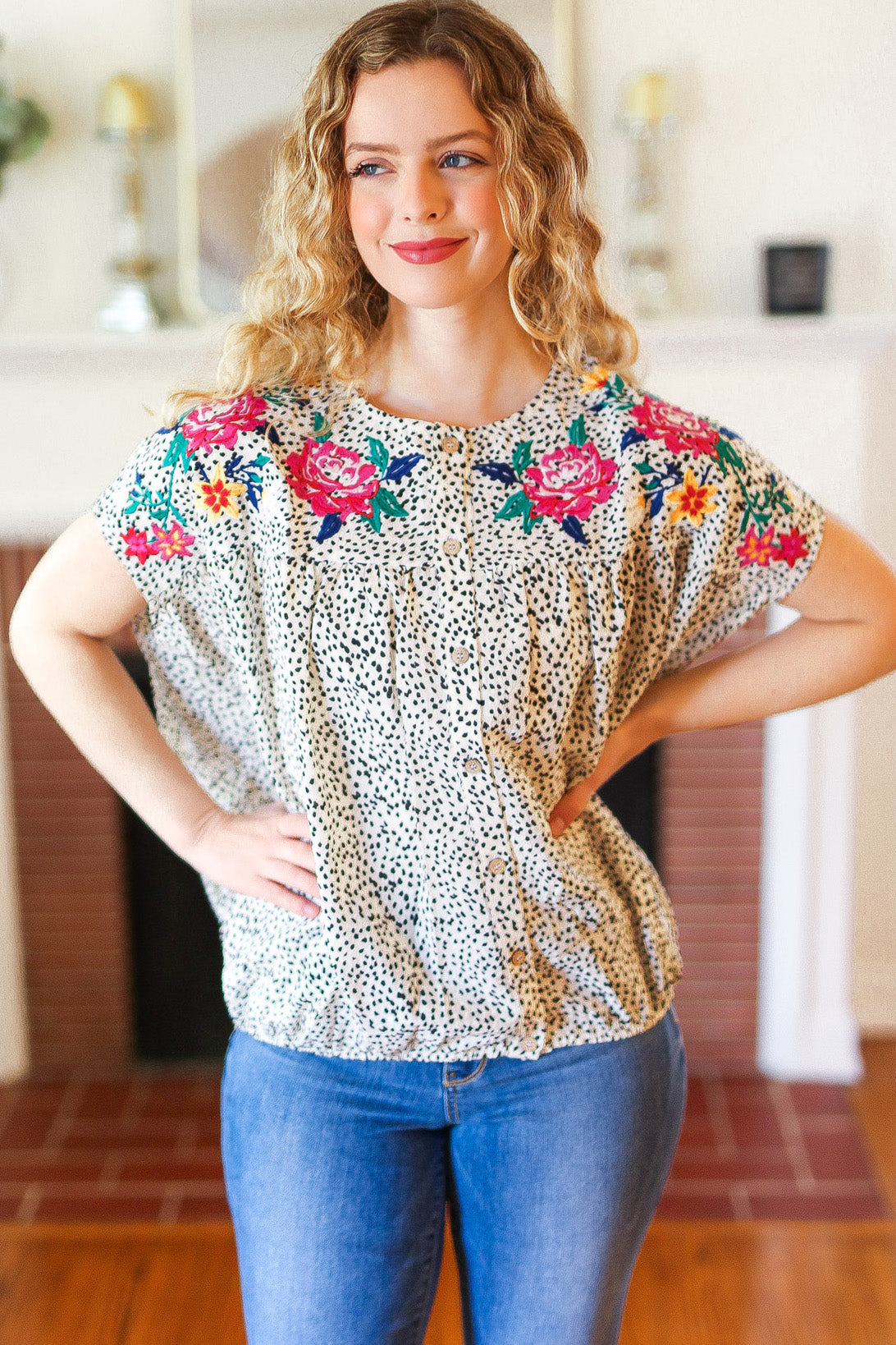 Perfectly Poised Ivory Animal Print Floral Embroidery Button Down Top *online exclusive