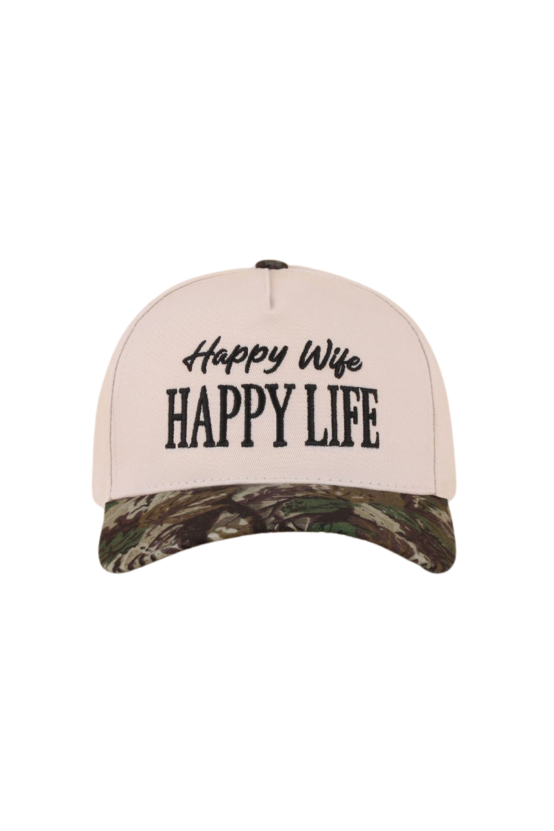 "Happy Wife, Happy Life" Two-Tone Cap-Camo-Cute-Trendy-Shop-Womens-Boutique-Clothing-Store