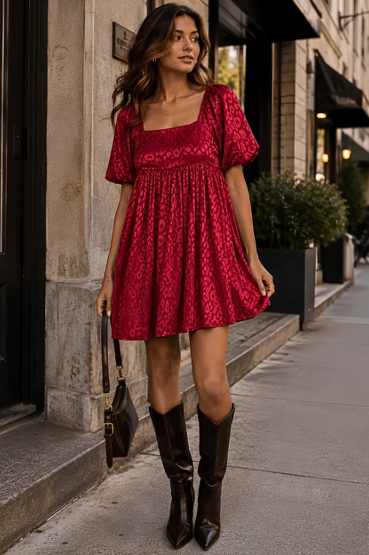Leopard Jacquard Babydoll Dress Red-Cute-Trendy-Shop-Womens-Boutique-Clothing-Store