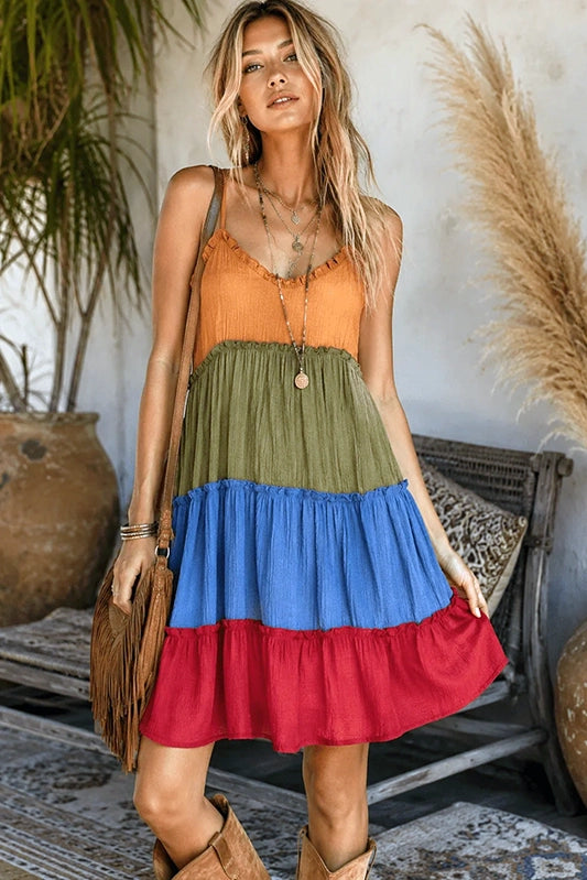 Canyon Sunset Colorblock Tiered Mini Dress-Cute-Trendy-Shop-Womens-Boutique-Clothing-Store