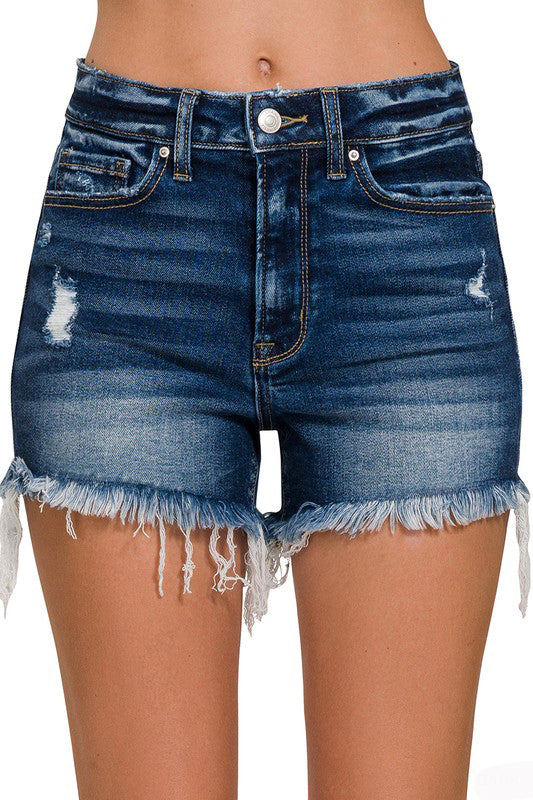 Going Fishing Distressed Shorts-SMALL-Dk. Blue Denim-[option4]-[option5]-Cute-Trendy-Shop-Womens-Boutique-Clothing-Store