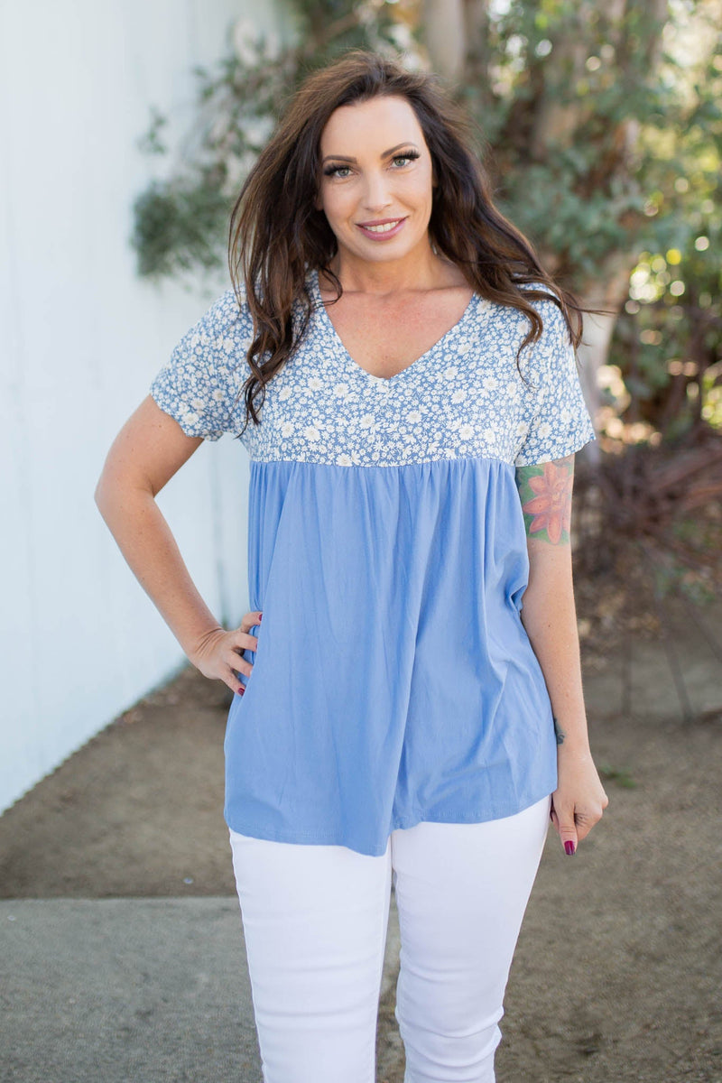 Spring Daisy Babydoll Top Blue *online exclusive-[option4]-[option5]-Cute-Trendy-Shop-Womens-Boutique-Clothing-Store