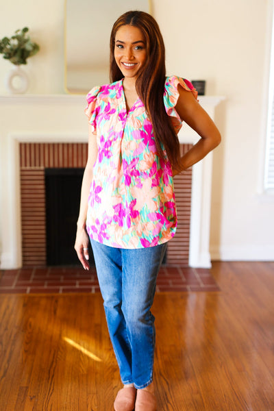 Tropical Breeze Peach Floral Banded V Neck Flutter Sleeve Top *online exclusive-[option4]-[option5]-Cute-Trendy-Shop-Womens-Boutique-Clothing-Store