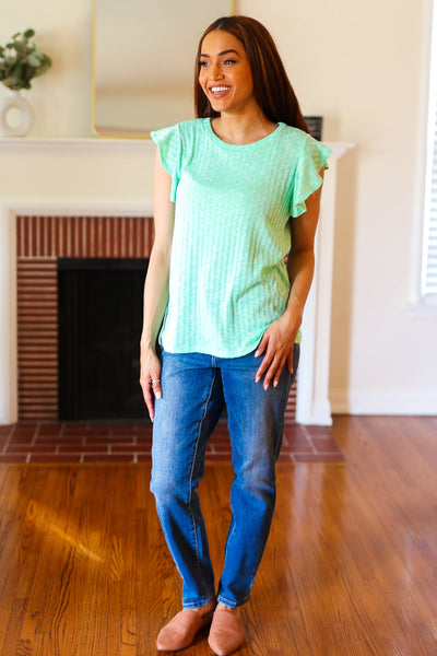 Hello Beautiful Mint Two-Tone Wide Rib Ruffle Sleeve Top *online exclusive-[option4]-[option5]-Cute-Trendy-Shop-Womens-Boutique-Clothing-Store