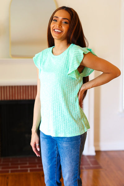 Hello Beautiful Mint Two-Tone Wide Rib Ruffle Sleeve Top *online exclusive-[option4]-[option5]-Cute-Trendy-Shop-Womens-Boutique-Clothing-Store