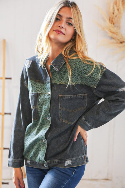 Green Leopard Distressed Washed Denim Jacket *online exclusive-[option4]-[option5]-Cute-Trendy-Shop-Womens-Boutique-Clothing-Store