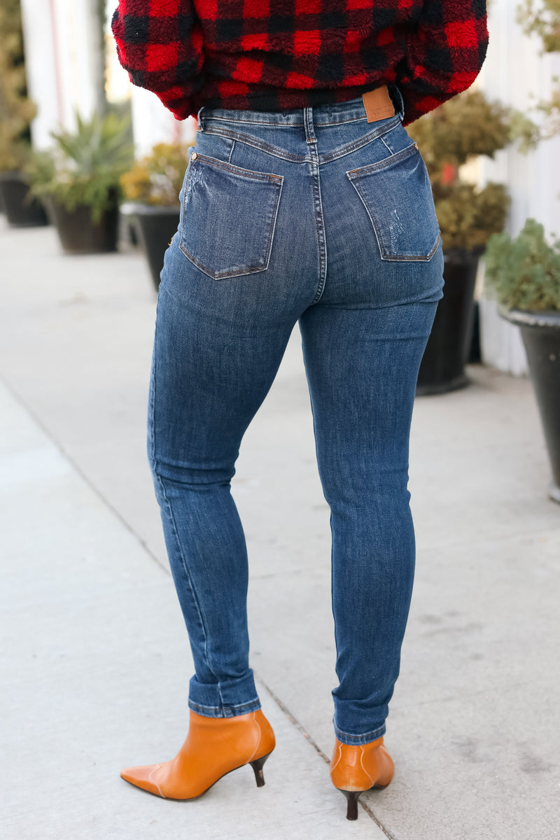 Going Up Dark Denim High Waist Distressed Skinny Jeans *online exclusive-[option4]-[option5]-Cute-Trendy-Shop-Womens-Boutique-Clothing-Store