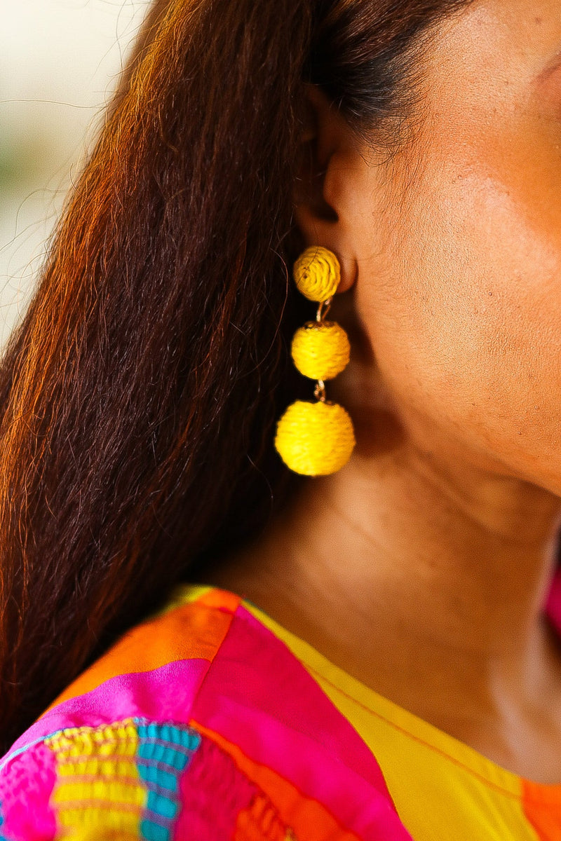 Yellow Raffia Lantern Pom Dangle Earrings *online exclusive-One Size Fits All-[option4]-[option5]-Cute-Trendy-Shop-Womens-Boutique-Clothing-Store