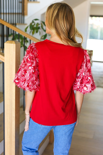 Come To Me Red Sequin Puff Short Sleeve Top *online exclusive