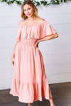 Coral off Shoulder Smocked Waist Ruffle Sleeve Midi Dress *online exclusive-[option4]-[option5]-Cute-Trendy-Shop-Womens-Boutique-Clothing-Store
