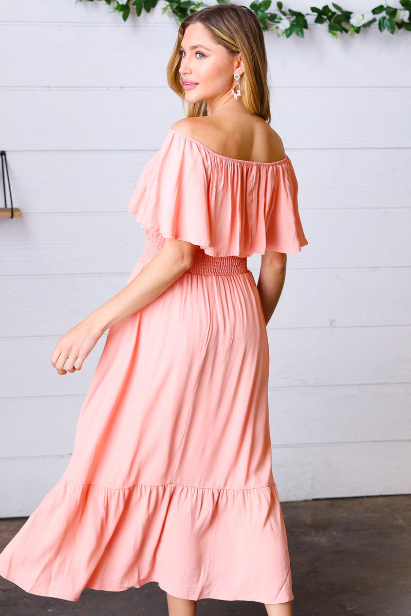 Coral off Shoulder Smocked Waist Ruffle Sleeve Midi Dress *online exclusive