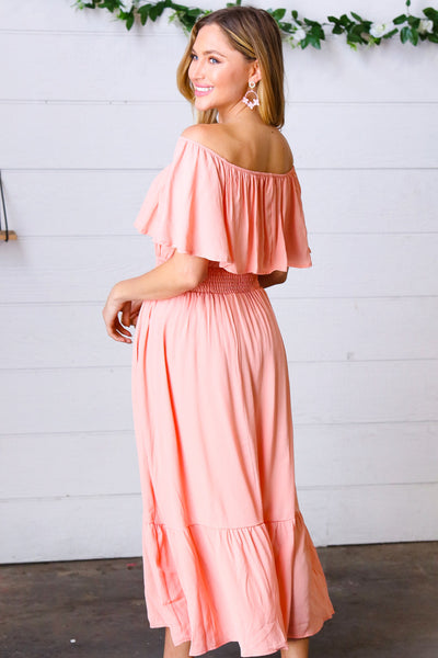 Coral off Shoulder Smocked Waist Ruffle Sleeve Midi Dress *online exclusive-[option4]-[option5]-Cute-Trendy-Shop-Womens-Boutique-Clothing-Store